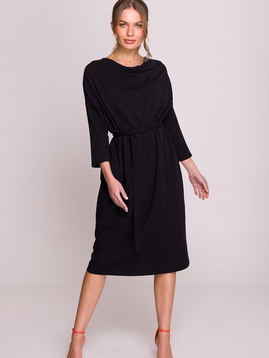 Draped-Neck Belted Modal Dress