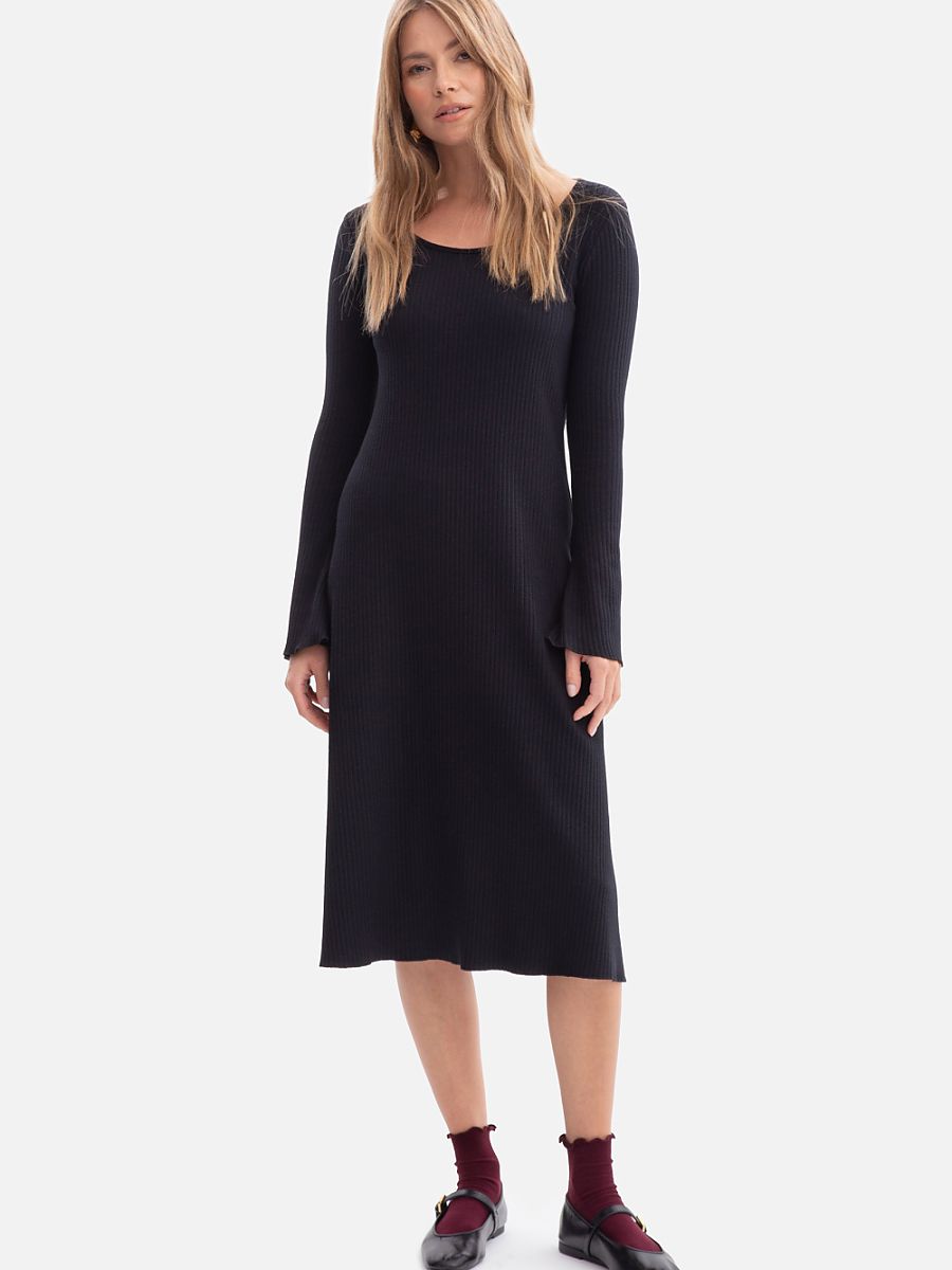 Ribbed Flared-Sleeve Midi Dress