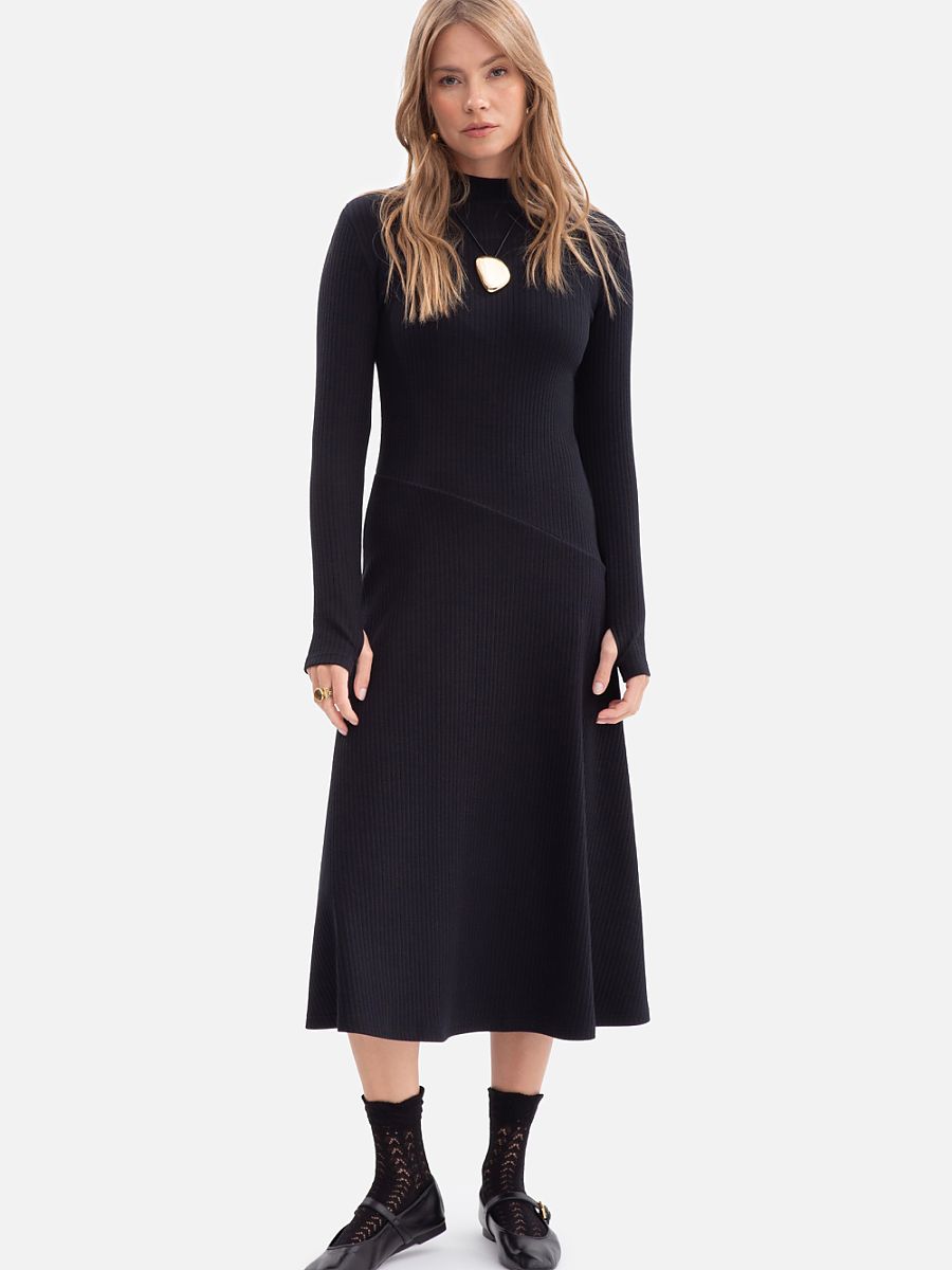 Ribbed Funnel-Neck Midi Dress