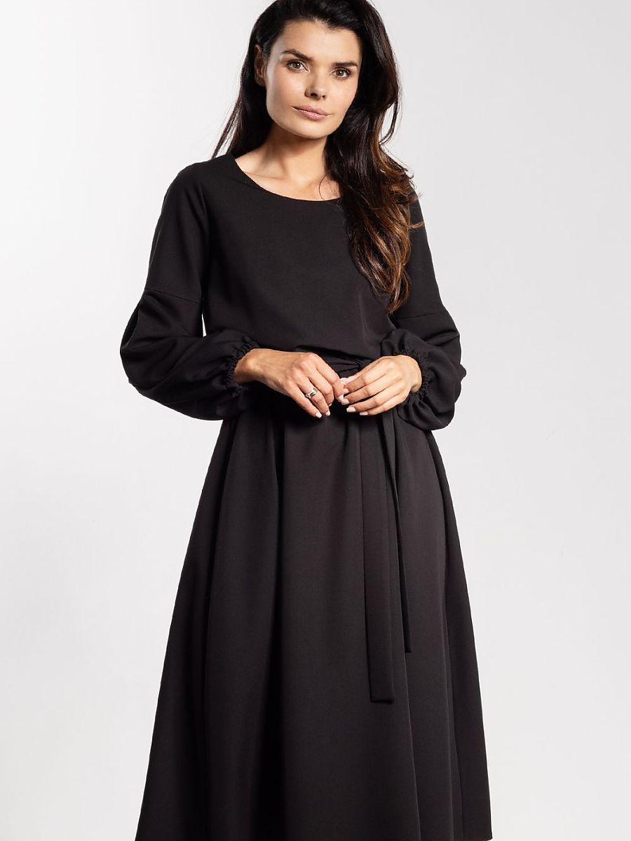 Belted Puff-Sleeve Midi Dress