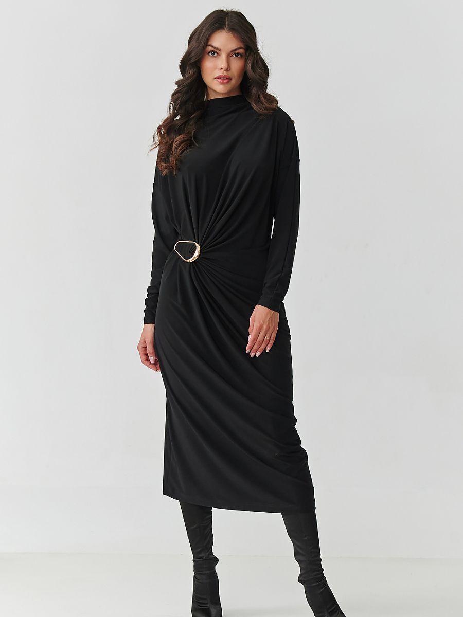 Buckle-Detail Ruched Midi Dress