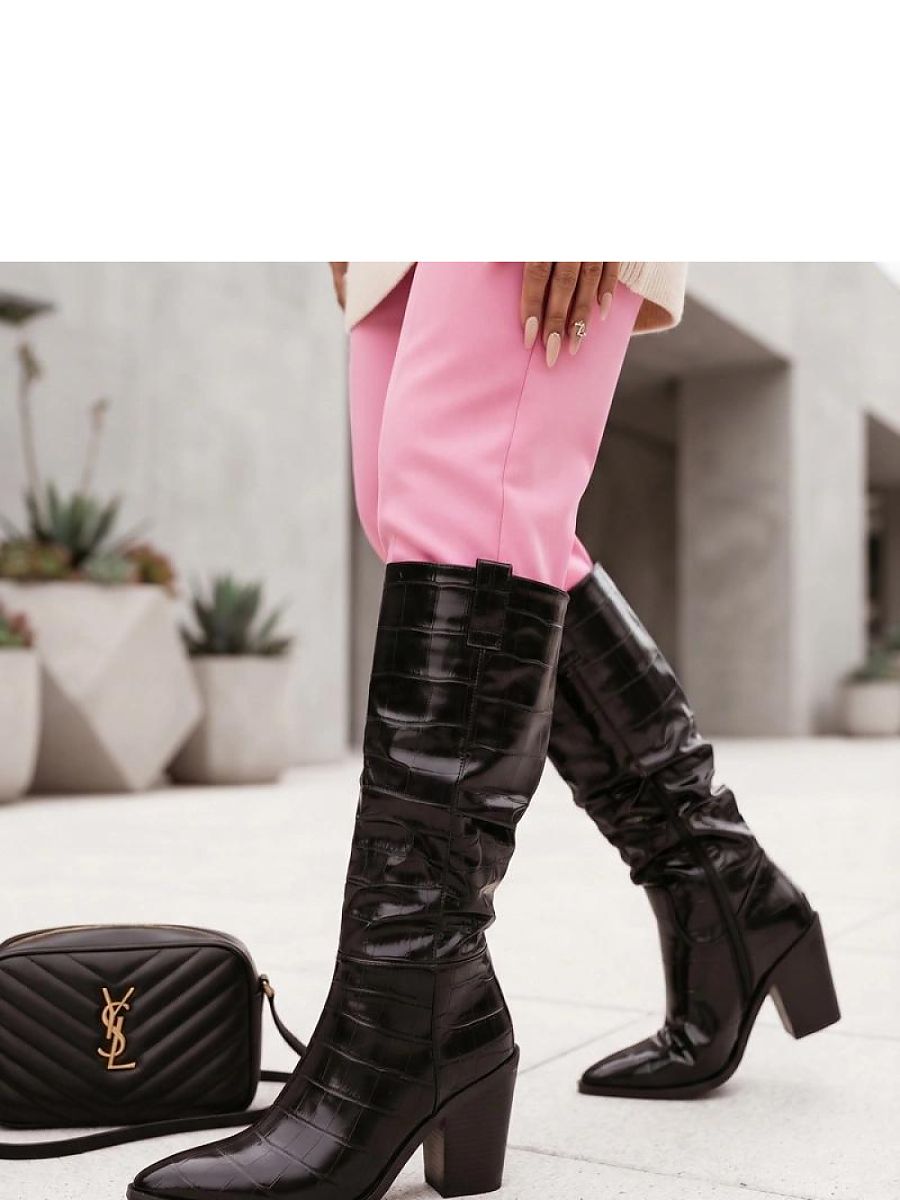 Pointed Pillar-Heel Knee Boots