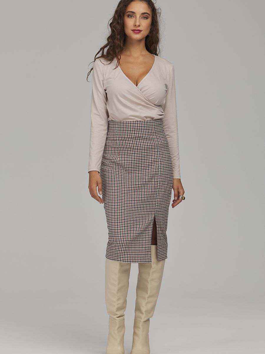 Houndstooth Slit Midi Skirt